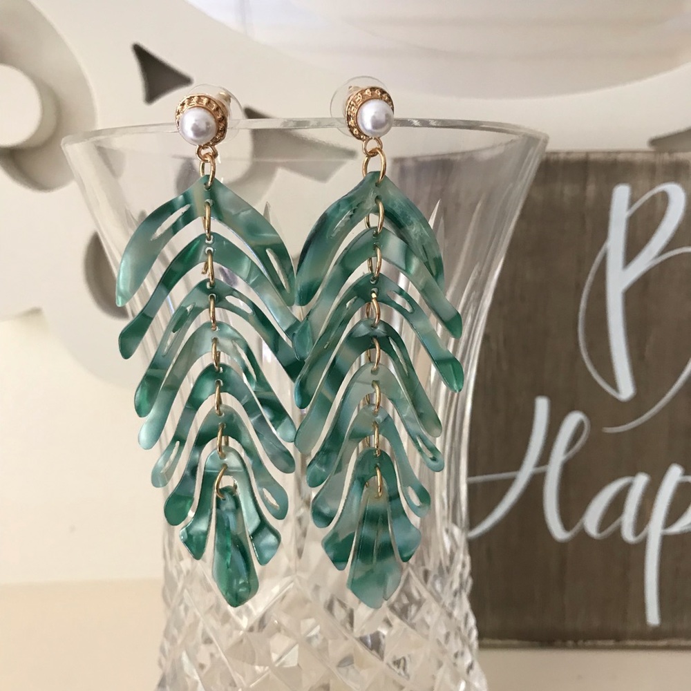 Green Palm Leaf Dangle Earrings Tropical Resin Statement Boho Summer Jewelry